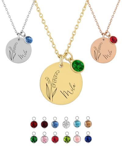XELLENZ - Halskette Damen mit Namen & Geburtsstein | Wasserfeste Edelstahl Namenskette mit 20mm Plättchen | Schmuck für Mama Geschenke für Frauen, beste Freundin Geschenke [Mai - Silber] von XELLENZ