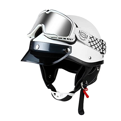 Retro Motorrad Half Helme Oldtimer Scooter Jet-Helm mit Goggles für Herren Damen Sicherheits Antikollisions Brain-Cap DOT/ECE-Zulassung Alle Jahreszeiten 1,L=59-60cm von XELLOM