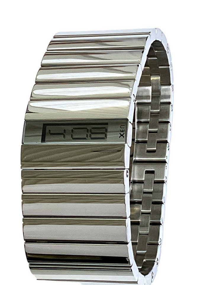 XEN Quarzuhr Damen Edelstahl Breit Silber Digital Rechteck 5 Bar XQ0068, Doppelfaltschließe, Armreif, Gehäuseboden mit 4 Schrauben verschraubt von XEN
