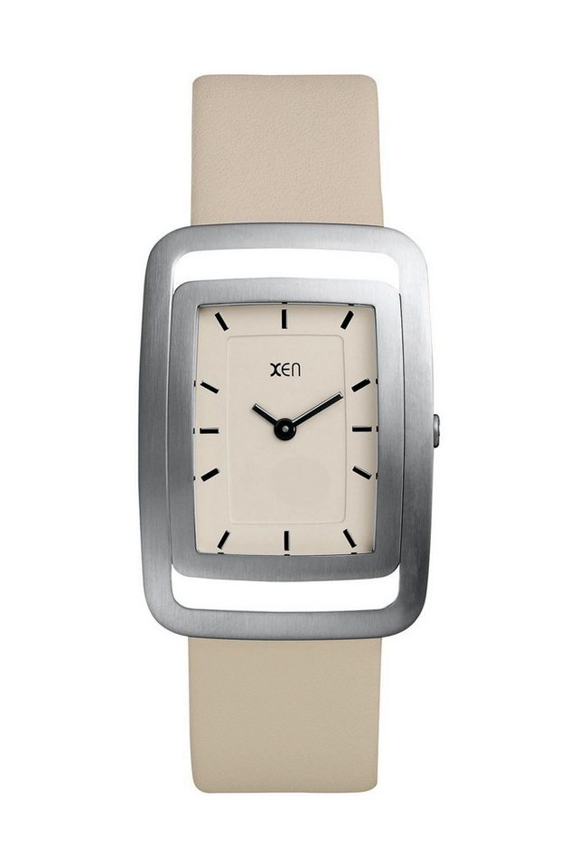XEN Quarzuhr Damen Edelstahl Lederband Elfenbein Weiß Rechteck 5 Bar XQ0128, Gehäuseboden mit 4 Schrauben verschraubt von XEN