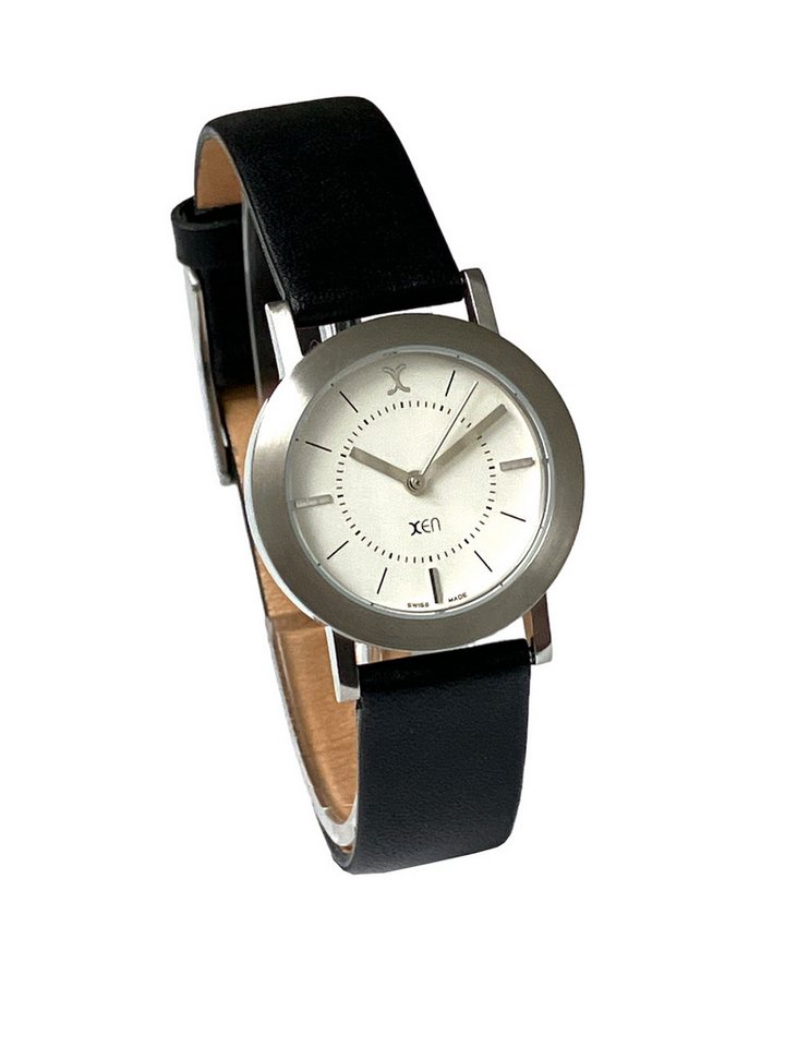 XEN Quarzuhr Damen Edelstahl Lederband matt Schwarz Swiss Made Rund 5 Bar XQ0050, flach, Gehäuseboden gedrückt, versenkte Krone im Gehäuse von XEN