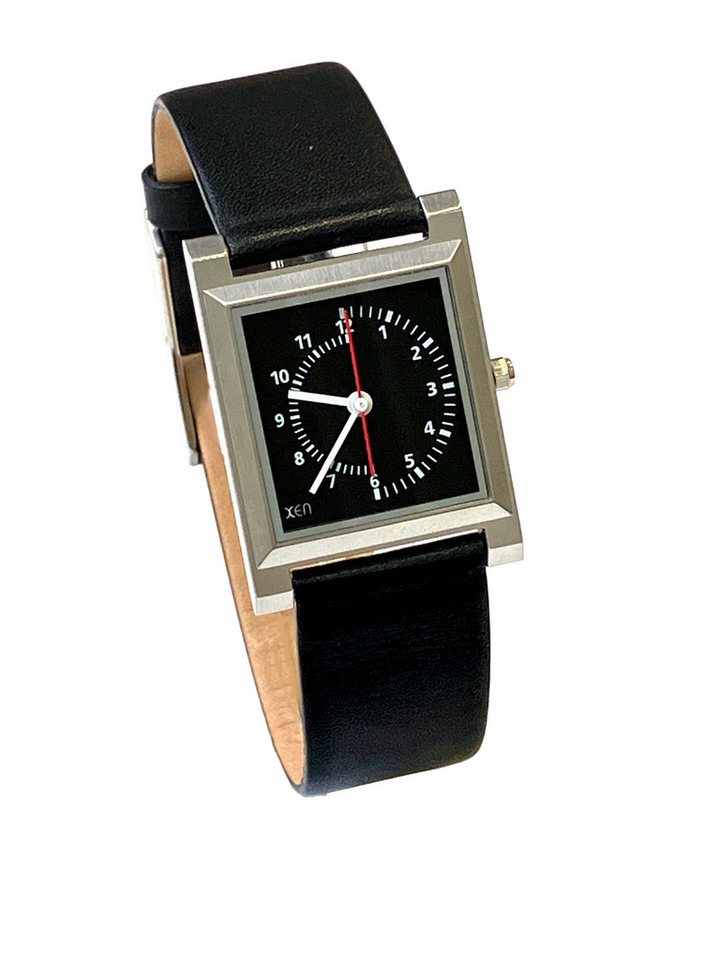 XEN Quarzuhr Damen Schwarz Edelstahl Lederband Swiss Made Eckig 3 Bar XQ0035, flach, Gehäuseboden mit 4 Schrauben verschraubt von XEN