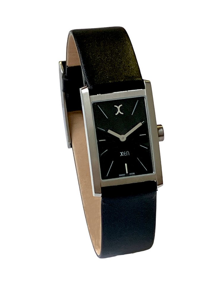 XEN Quarzuhr Damen Schwarz Edelstahl Lederband Swiss Made Eckig 5 Bar XQ0047, flach, Gehäuseboden mit 4 Schrauben verschraubt von XEN
