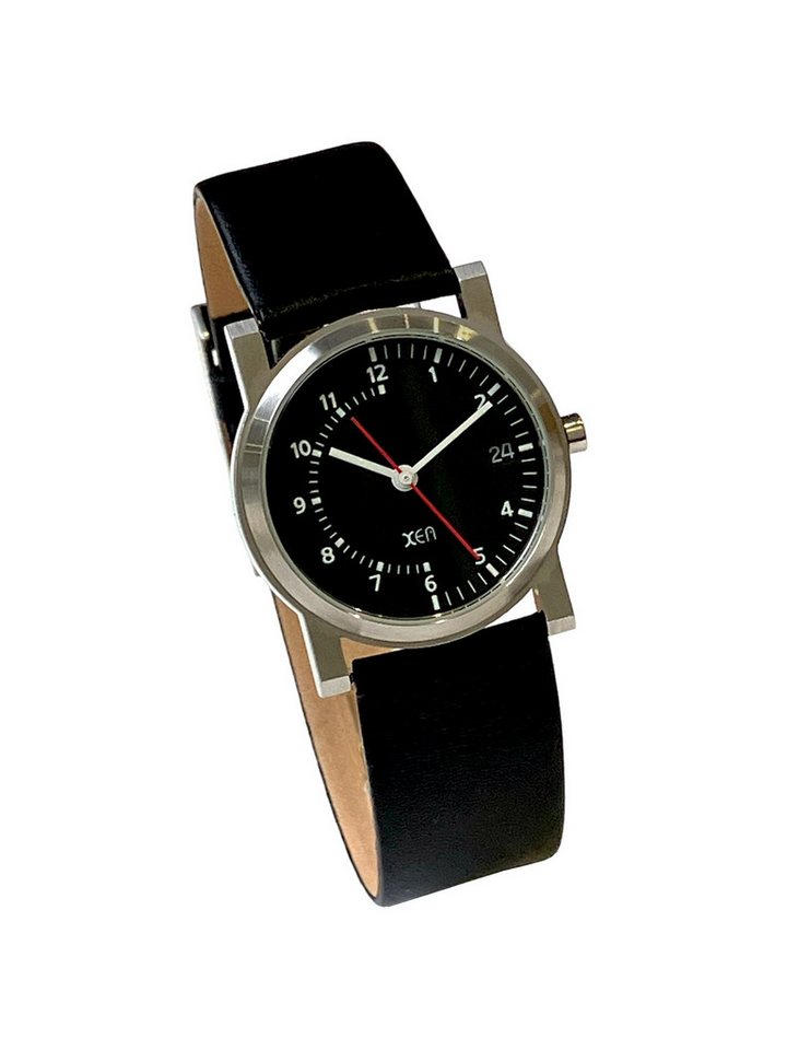 XEN Quarzuhr Damen Schwarz Edelstahl Lederband Swiss Made Rund Datum 3 Bar XQ0039, flach, Gehäuseboden gedrückt XEN Quarzuhr Damen Schwarz Edelstahl Lederband Swiss Made Rund Datum 3 Bar XQ0039, flach, Gehäuseboden gedrückt von XEN