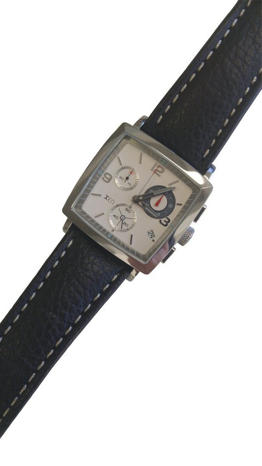 XEN Quarzuhr Herren Chronograph Edelstahl Lederband Büffel Schwarz Tag 5 Bar XQ0060, Gehäuseboden mit Schrauben verschraubt von XEN