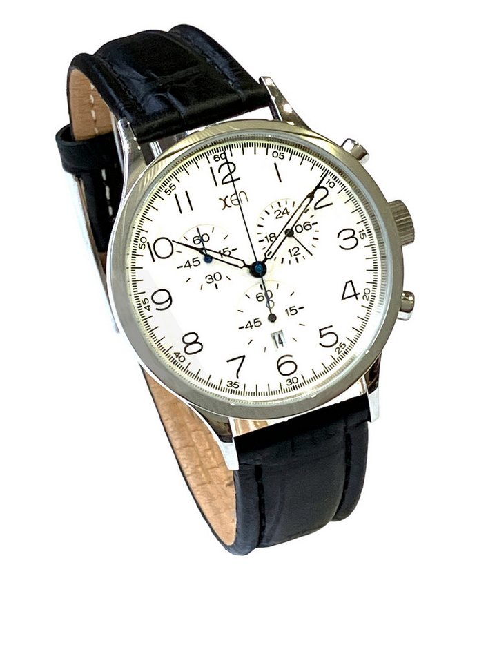 XEN Quarzuhr Herren Chronograph Edelstahl Schwarz Weiß Datum Stoppuhr Rund XQ0046, Lederband Kroko-Struktur, Gehäuseboden gedrückt von XEN
