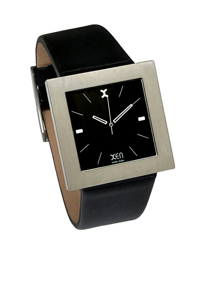 XEN Quarzuhr Herren Damen Schwarz Edelstahl Groß Swiss Made Lederband 5 Bar XQ0056, versenkte Krone im Gehäuse, Gehäuseboden mit Schrauben verschraubt von XEN
