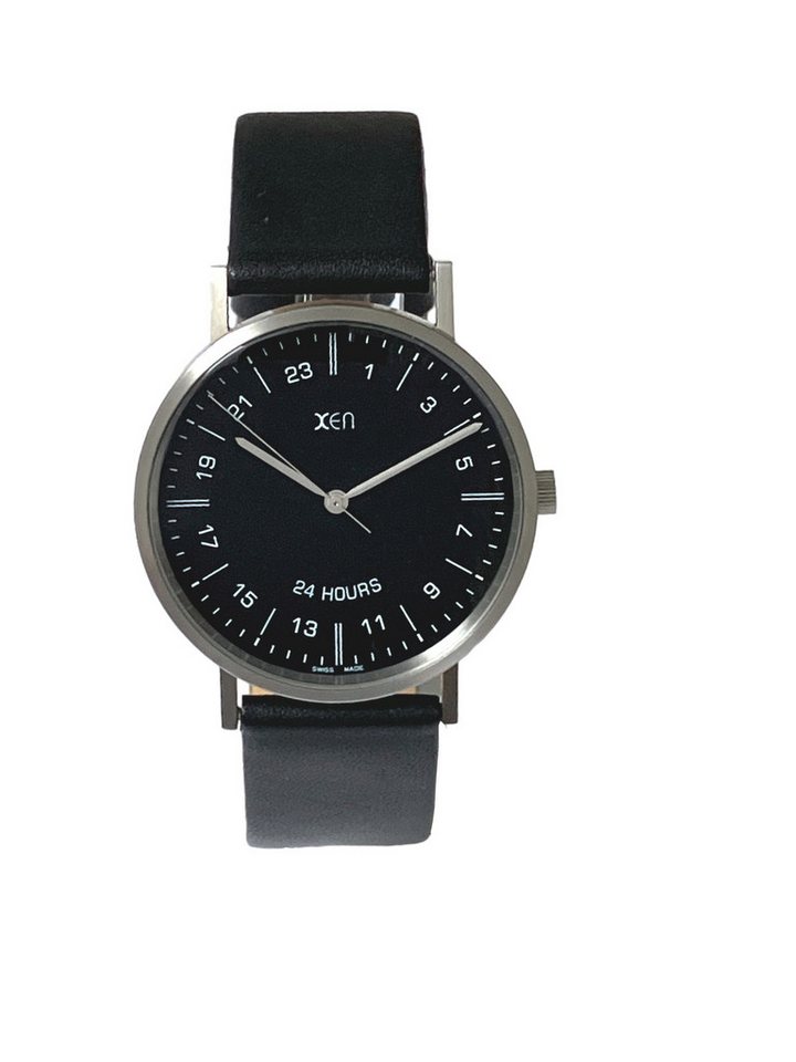 XEN Quarzuhr Herren Edelstahl Schwarz Lederband 24.Std-Anzeige 5 Bar XQ0043, Gehäuseboden gedrückt von XEN