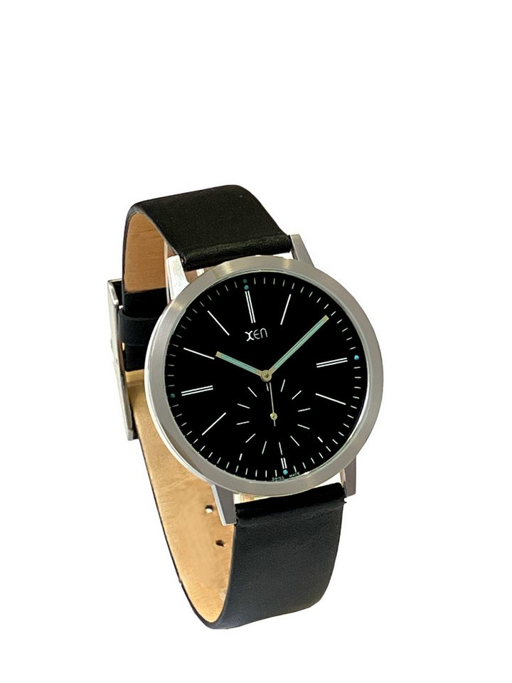 XEN Quarzuhr Herren Schwarz Edelstahl Swiss Made Leuchtzeiger Lederband XQ0031, kleine Sekunde, versenkte Krone im Gehäuse XEN Quarzuhr Herren Schwarz Edelstahl Swiss Made Leuchtzeiger Lederband XQ0031, kleine Sekunde, versenkte Krone im Gehäuse von XEN