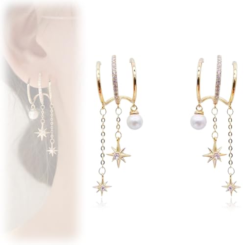 XENQITO 1 Paar Ohrringe Gold Hypoallergen 14K Vergoldet Ohrstecker Set Mond Und Die Sterne Zirkonia Ohrringe Gold Creolen Golden Klein Piercings Ohr Stapelbar Ohrringes Damen für Mehrere ohrlöcher von XENQITO