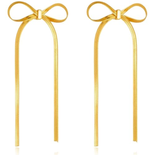 XENQITO 1 Paar Schleifen Ohrringe, Gold Hängend Hypoallergene Damen Post Tropfen Ohrhänger, Ribbon Bow Earrings, Statement Schleifen Ohrringe, Hängend Gold Ohrringe Damen Frauen von XENQITO