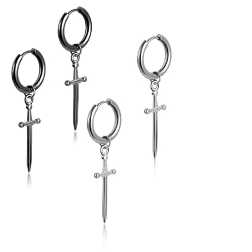 XENQITO 2 Pairs of Earrings Set Stainless Steel Black Small Hoop Earrings Cross, Hypoallergenic Stud Earrings Surgical Steel, Piercing Cartilage Earrings Black/Silver for Men Women, Metal von XENQITO