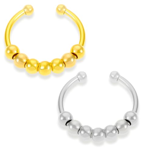 XENQITO 2 Stück Anxiety Ring Fidget Ring Anti Stress Ring Angst Spinning Mit Perlen Offene Spinner Damen Anxiety Stressringe Zur Linderung von Ängsten Antistress für Mädchen Frauen Silber Gold von XENQITO