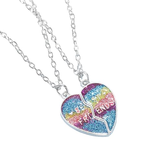 XENQITO 2 Stück Regenbogen Freundschaftskette mit Gravur Best Friends Set für Kinder Mädchen Paar Pärchen,Herz Kette Anhänger Freundschaft Ketten Haslkette Schmuck Geschenke für 2 Mädchen Kinder von XENQITO