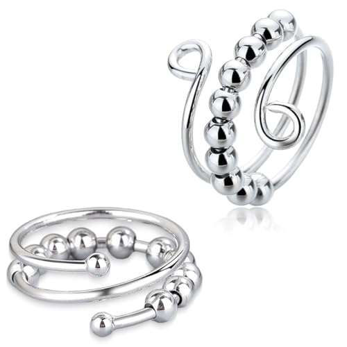 XENQITO 2 Stück Verstellbare Anti Stress Ring, Linderung von Ängsten und Antistress Ringe Silber, Angst Spinning Ring mit Perlen, Offene Spinner Damen, Verstellbare Stapelbare für Stress Abbauen von XENQITO