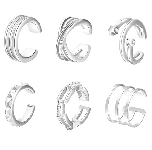 XENQITO 6 Stück Ringe Frauen Ringe Set Offener Ringe Fidget Spinner Ringe Zirkonia Zappelringe Verstellbare Ringe Daumenring Fingerring Einfacher Bandring Stapelbare Offene Silber Ringe Schmuck von XENQITO