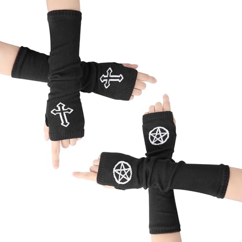 XEPST 2 Paar Goth Arm Ärmel Fingerlose Handschuhe für Frauen, Armstulpen Schwarze Handschuhe Handschuhe Punk Gothic Handgelenk Handschuhe mit Daumenlöchern für Frauen Mädchen Halloween Kostüm Cosplay von XEPST