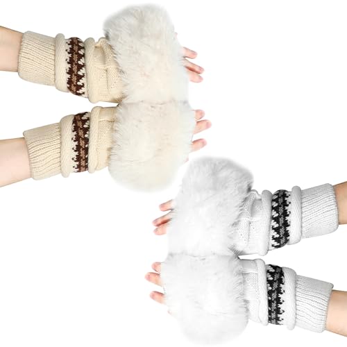 XEPST 2 Paar Halb Fingerlose Handschuhe für Damen,Winterhandschuhe Halb Fingerhandschuhe, Wärmer Strick Kurzer Gestrickte FingerloseWinter Arm Warmers Warm Mittens Furry Wrist Gloves Wrist Warmers von XEPST