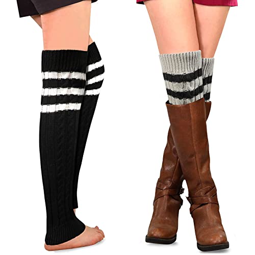 XEPST 2 Paar Stulpen Damen Gestrickte Beinwärmer, Damen Lang Stulpe Leg Warmer Stricken Häkelarbeit Leg Warmers Mädchen Stiefel Boot Abdeckung für Winterwärmer - Schwarz, Grau von XEPST