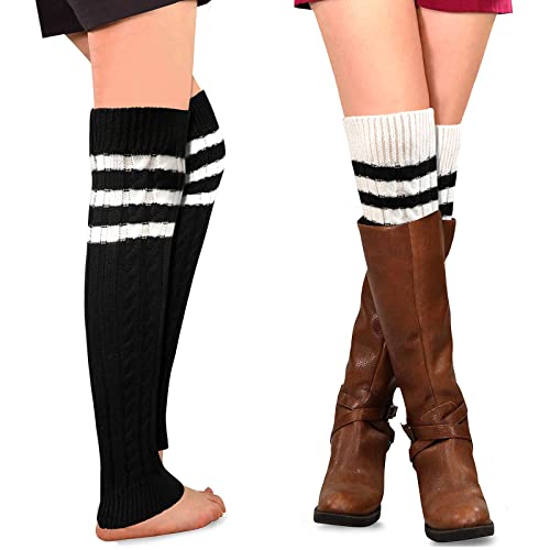 XEPST 2 Paar Stulpen Damen Gestrickte Beinwärmer, Damen Lang Stulpe Leg Warmer Stricken Häkelarbeit Leg Warmers Mädchen Stiefel Boot Abdeckung für Winterwärmer - Schwarz, Weiß von XEPST