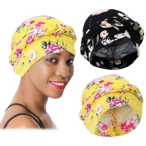 XEPST 2 Stück Frauen Chemo Hüte Bandana Turban Damen Chemo-Turbane Kopfbedeckung Beanie Mütze Kappe für Frauen Krebs Patienten Haarausfall - Schwarz, Gelb von XEPST