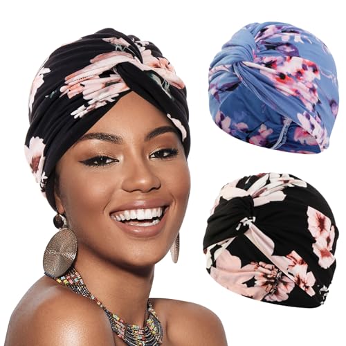 XEPST 2 Stücke Frauen Chemo Hüte Turban Damen Chemotherapie Krebs Hut Vorgebunden Beanie Kopfbedeckung Plissee Mütze Weich Turban Kopfwickel Kappe Haarausfall Hut für Frauen, Schwarz, Seeblau von XEPST