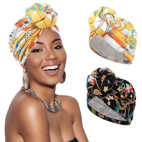 XEPST 2 Stücke Turban Damen Turban Mode Chemo Kappe für Frauen, Vorgebunden Chemo Kopfbedeckung Plissee Mütze Weich Kopfwickel Kappe Haarausfall Hut für Damen, Schwarz, Gelb von XEPST