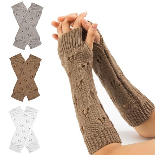 XEPST 3 Paar Winter Armwärmer Y2K Fingerlose Handschuhe für Damen, Thermohandschuhe Handgelenkhandschuhe Handgelenkwärmer mit Daumenlöchern für Damen Mädchen Herbst Winter Büro tippen, hohles Herz von XEPST