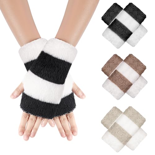 XEPST 3 Paar Winterhandschuhe Fingerlose Handschuhe für Damen, Winter Armwärmer Warme Handschuhe Pelzige Handschuhe Handgelenkwärmer mit Daumenlöchern für Damen Mädchen Herbst Winter Büro Tippen von XEPST