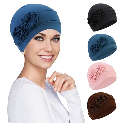 XEPST 4 Stück Chemo Mütze Damen Turban Damen Chemo-Turbane Kopfbedeckung Beanie Mütze Kappe für Frauen Krebs Patienten Haarausfall, 4 Farben von XEPST