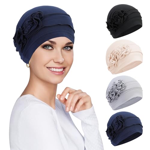 XEPST 4 Stück Chemo Mütze Damen Turban Damen Chemo-Turbane Kopfbedeckung Beanie Mütze Kappe für Frauen Krebs Patienten Haarausfall von XEPST