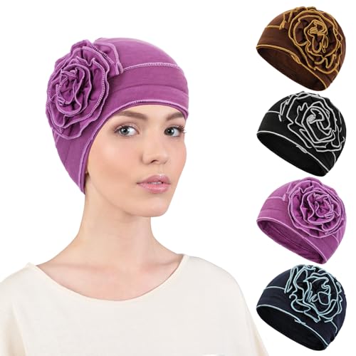 XEPST 4 Stück Chemo Turban Mütze für Frauen, Damen Chemo Cancer Kopfbedeckung Beanie Mütze für Frauen Krebs Patienten Haarausfall von XEPST