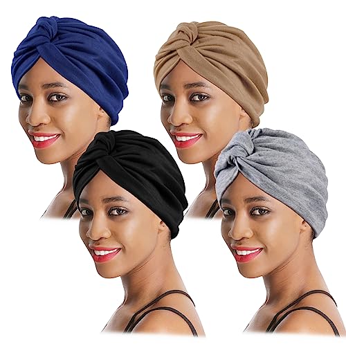 XEPST 4 Stücke Turban Damen Chemo Hüte, Turban für Frauen Vorgebunden Beanie Kopfbedeckung Plissee Mütze Weich Kopfwickel Kappe Haarausfall Hut von XEPST