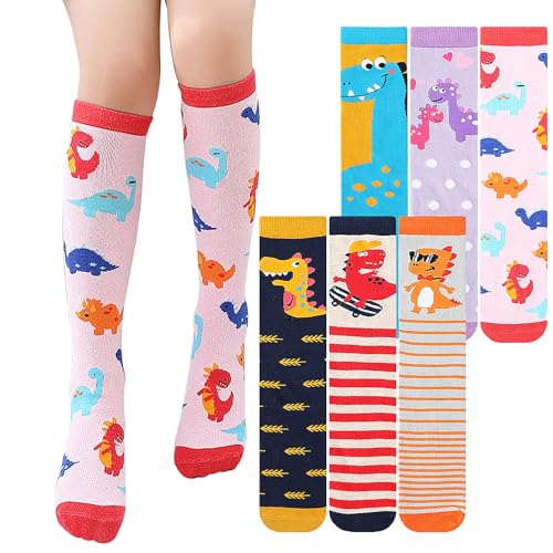 XEPST 6 Paar Mädchen Kniestrümpfe - Cartoon Design Warme Baumwollkniestrümpfe Mittler-Wadenstiefel Socken Lustige Socken für die Schule Ungerade Socken Tag 3-12 Jahre Mädchen-Einheitsgröße,Dinosaurier von XEPST