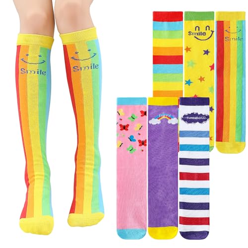 XEPST 6 Paar Mädchen Kniestrümpfe - Cartoon Design Warme Baumwollkniestrümpfe Mittler-Wadenstiefel Socken Lustige Socken für die Schule Ungerade Socken Tag 3-12 Jahre Mädchen-Einheitsgröße, Regenbogen von XEPST