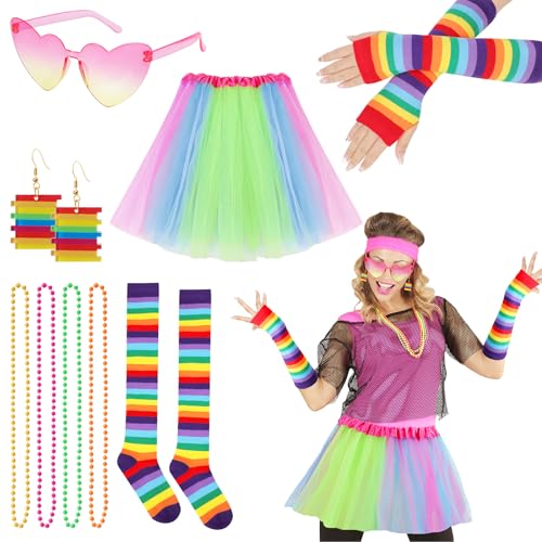 XEPST 80er Jahre Outfit Damen 90er Kostüm Accessoires Set, Tutu, Ohrring, Halskette, Fingerlose Handschuhe, Overknee-Socken, Brille für Retro Neon Thema Party Halloween Karneval Damen Frauen Mädchen von XEPST