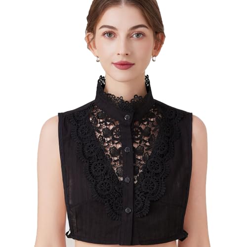 XEPST Blusenkragen Stehkragen Krageneinsatz Damen Spitzen Blusenkragen Einsatz Damen Abnehmbare Hälfte Shirt Bluse Halb Gefälscht Abnehmbare Frauen Kragen Damen Oberteil Top Hemdbluse Schwarz von XEPST