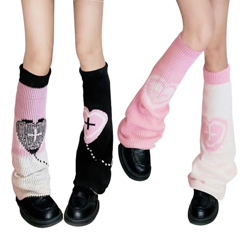 XEPST Lose Gestrickte Beinwärmer für Damen, 2 Paar Winter Stulpen Y2K Japanische Lolita Beinstulpen Lange Socken Kawaii Häkeln Beinwärmer 80er Harajuku Gestrickte Warme Oberschenkel Hohe Socken von XEPST