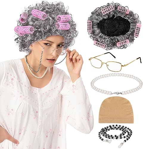 XEPST Old Lady Kostüm Set, Großmutter Cosplay Zubehör Set, Kostümzubehör Omadeko mit Oma Perücke Perücke Kappe Oma Brille Brillen Ketten Perlenkette für Halloween Karneval von XEPST