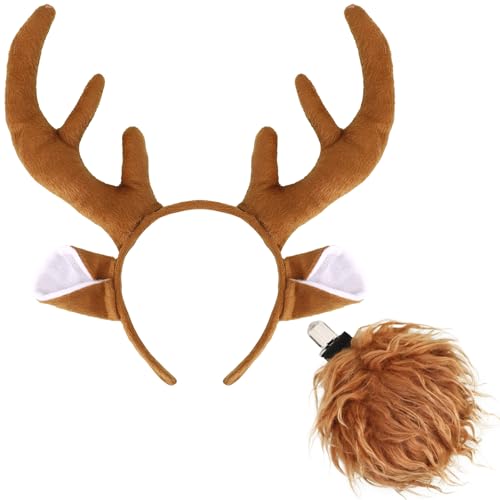 XEPST Tier Rentier Kostüm Set, Rentier Stirnband und Schwanz mit Geweih Stirnband und Rentier Schwanz für Tierkostüm Cosplay Geburtstagsparty Zubehör Halloween Kostüm Kostüm Partyzubehör von XEPST