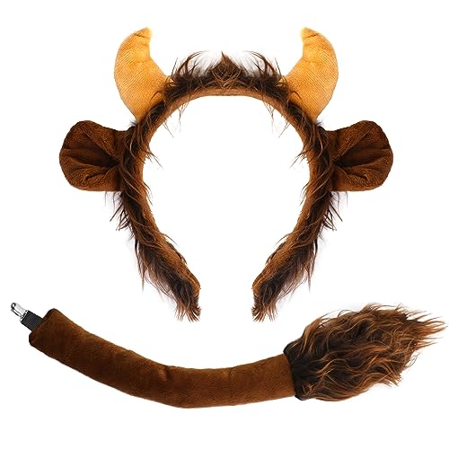 XEPST Tier Stier Hörner Kostüm Set, Stier Kuh Ohren und Schwanz Set mit Ochsenhörner Stirnband und Stierschwanz für Tierkostüm Cosplay Geburtstagsparty Zubehör Halloween Kostüm Kostüm Partyzubehör von XEPST