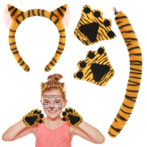 XEPST Tier Tiger Kostüm Set, Tigerohren und Schwanz Set mit Tigerstirnband Tigerschwanz Pfoten Tigergesichtsaufkleber für Tierkostüm Cosplay Geburtstagsparty Halloween Kostüm Kostüm Partyzubehör von XEPST