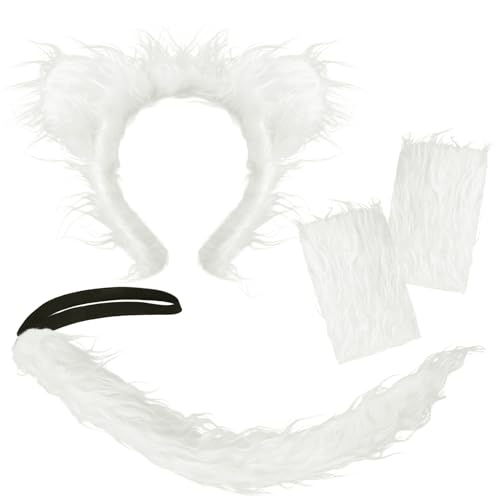 XEPST Tier Wolf Kostüm Set, Wolfsohren und Schwanz Kostüm Set mit pelzigem Wolf Stirnband Flauschige Wolfspfoten Wolfsschwanz für Tierkostüm Cosplay Geburtstagsparty Halloween Kostüm Partyzubehör,Weiß von XEPST