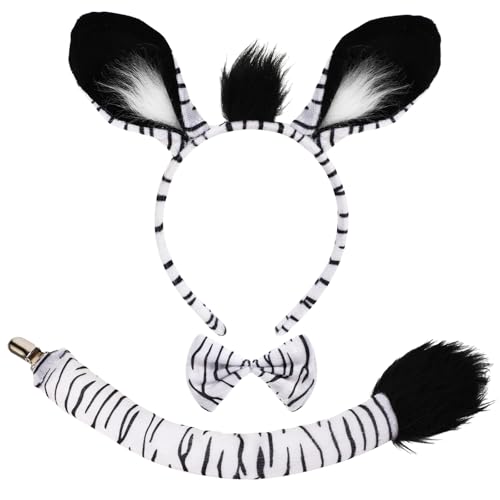 XEPST Tier Zebra Kostüm Set - Ohren Stirnband, Schwanz und Fliege für Tierkostüm Cosplay Geburtstagsparty Zubehör Halloween Partyzubehör, B von XEPST