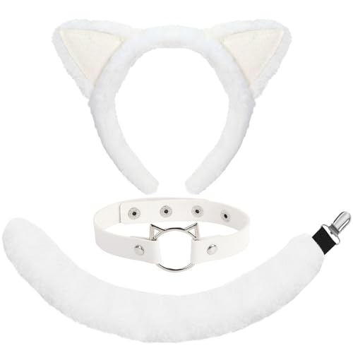 XEPST Tier weiße Katze Kostüm Set, weiße Katzenohren und Schwanz Set mit Katzenohren Stirnband und weißer Katzenschwanz für Tierkostüm Cosplay Geburtstagsparty Halloween Kostüm Partyzubehör von XEPST