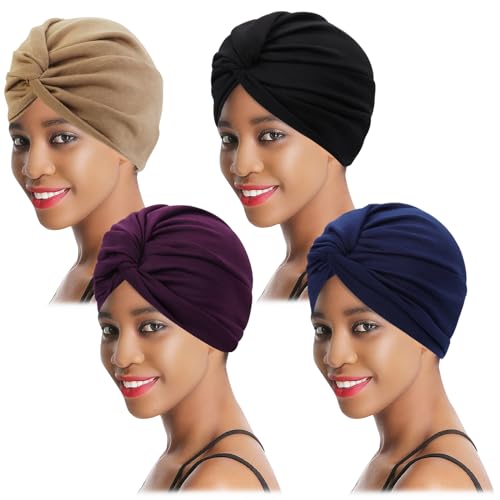 XEPST Turban Damen Baumwolle Chemo Hüte, 4 Stücke Turban für Frauen Vorgebunden Beanie Kopfbedeckung Plissee Mütze Weich Kopfwickel Kappe Haarausfall Hut von XEPST