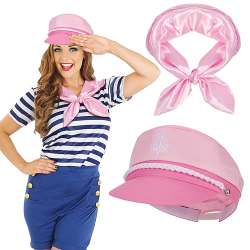 XEPST Yachtkapitän Hut für Frauen-2 STÜCK Matrosenkostüm Zubehör Set mit verstellbarem hellrosa nautischem Matrosenhut Matrosenschal für Halloween Kostüme Frauen Cosplay Kapitänshut Kostümparty von XEPST