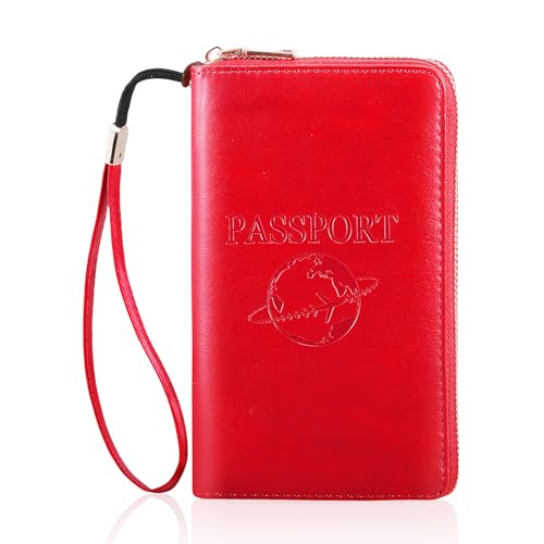 XEYOU Reisepasshülle, leicht, Reisebrieftasche, Kreditkartenetui mit Reißverschluss, mit abnehmbarer Handschlaufe, für Damen und Herren, Rot/Ausflug, einfarbig (Getaway Solids), Modern von XEYOU