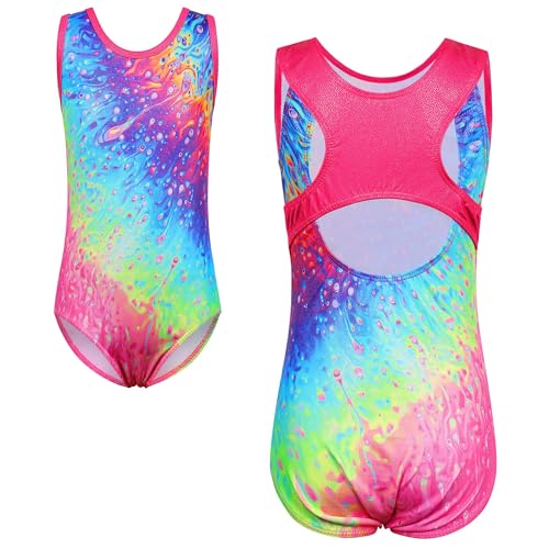 Gymnastik-Trikot für Mädchen, ärmellos, 3–12 Jahre, glänzend, athletisch, Ballett, Tanz, Trikot mit glitzerndem Netzstoff, regenbogenfarben, 3-4 Jahre von XFGIRLS