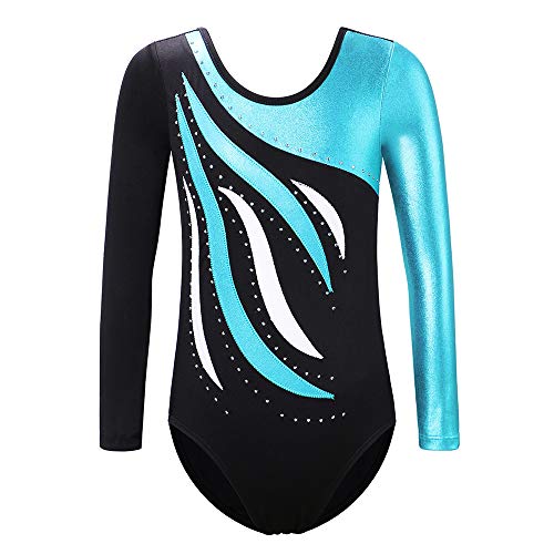 XFGIRLS Gymnastikanzug für Mädchen Langarm Glitzernde Gymnastikanzug Glänzend Athletic Ballett Tanz Trikot 183 Schwarz Blau 10A von XFGIRLS